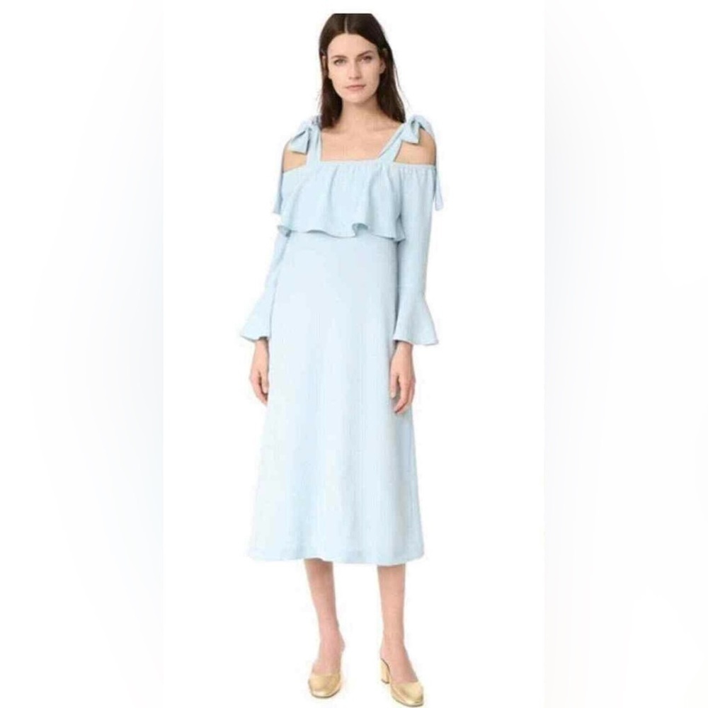 Ganni Women's Cold Shoulder Bow Dress Midi Clark Sterling Blue Size 36